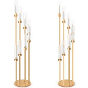 Suclain 2 Sets Floor Candelabra 8 Arms 54 Inch Tall Metal Candle Holders Candlestick Centerpiece for Table Candle Holder with Acrylic Lampshade for Wedding Party Home Decoration (Gold)