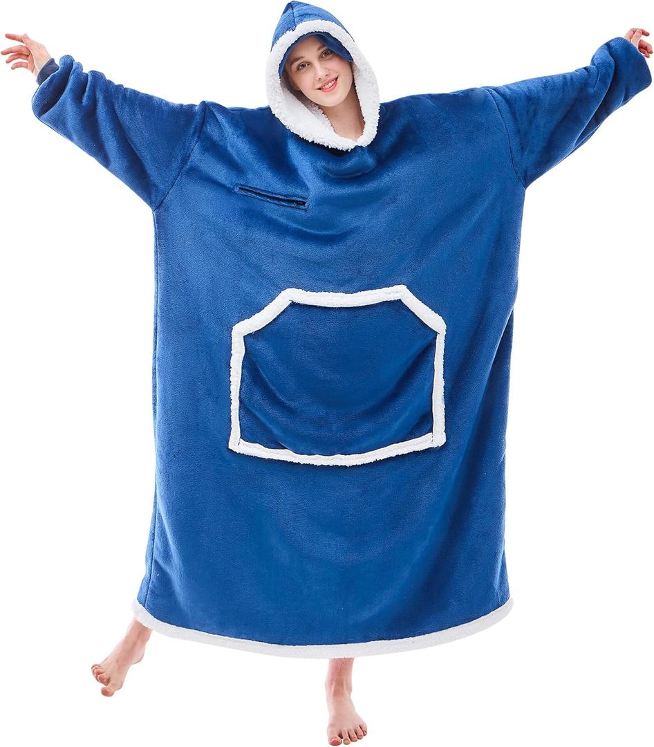 IFNOW Wearable Blanket Hoodie, Oversized Sherpa Fleece Hooded Sweatshirt with Eye Mask, Cozy and Giant Blanket Hoodie with Sleeves Extra Long for Adults Men Women, Navyblue