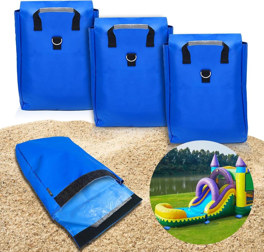 Vinyl SandBags with Handle, Bounce House Sand Bags, Suitable for Fixed Inflatable Trampolines, Inflatable Water Slide, Canopies and Tents(Each Weight Capacity 55 Pound, 4 Pack, Blue)