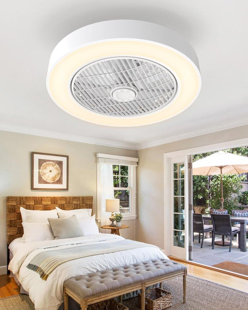 Enclosed Ceiling Fan with Lights, 20" Low Profile Fan Light LED Remote Control Dimming 6-Level Wind Speed, Flush Mount Ceiling Light with Fan Reversible Blades Hidden Ceiling Fan (White)