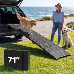 71" Extra Long Dog Ramp for Large Dogs, Heavy Duty Metal Frame Pet Ramp for High SUVs, Trucks and Cars, Portable Folding Travel Dog Ramps with Safety Latch, Supports up to 350lbs