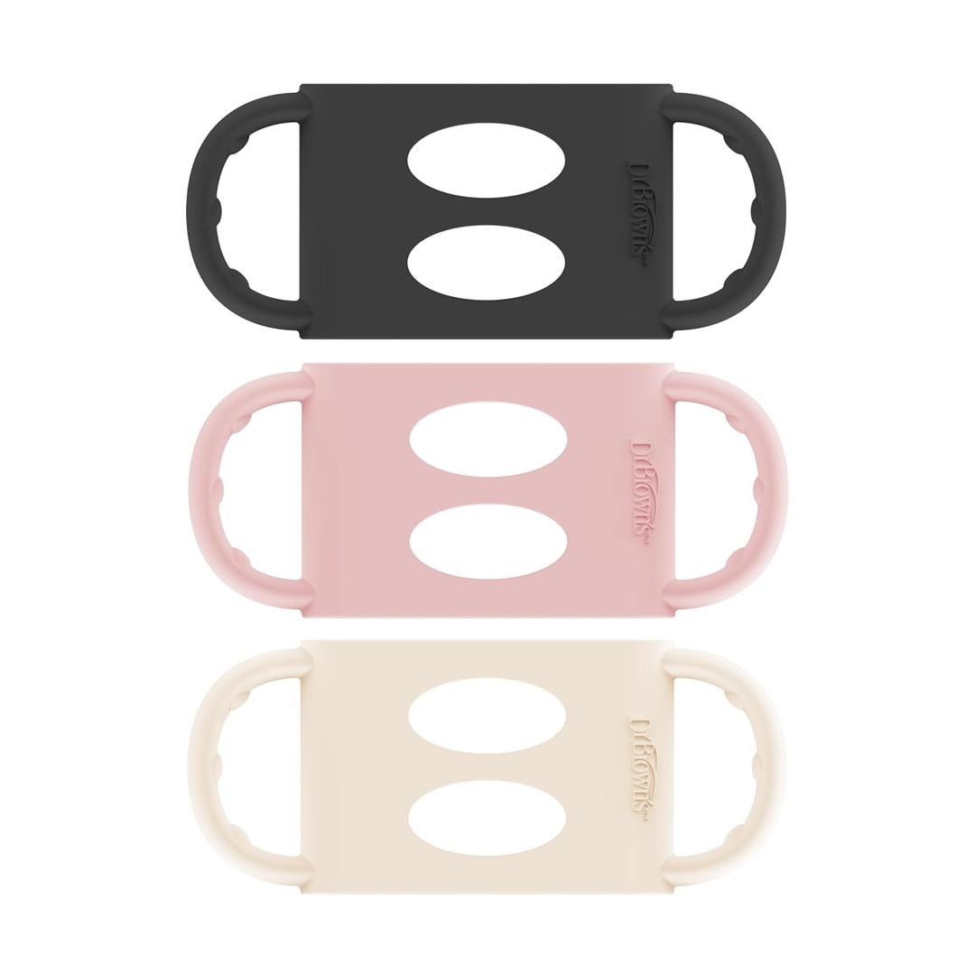 Dr. Browns Milestones 100% Silicone Baby Bottle Handles, Wide-Neck, Light Pink, Ecru, Black, 3 Pack, 4m+