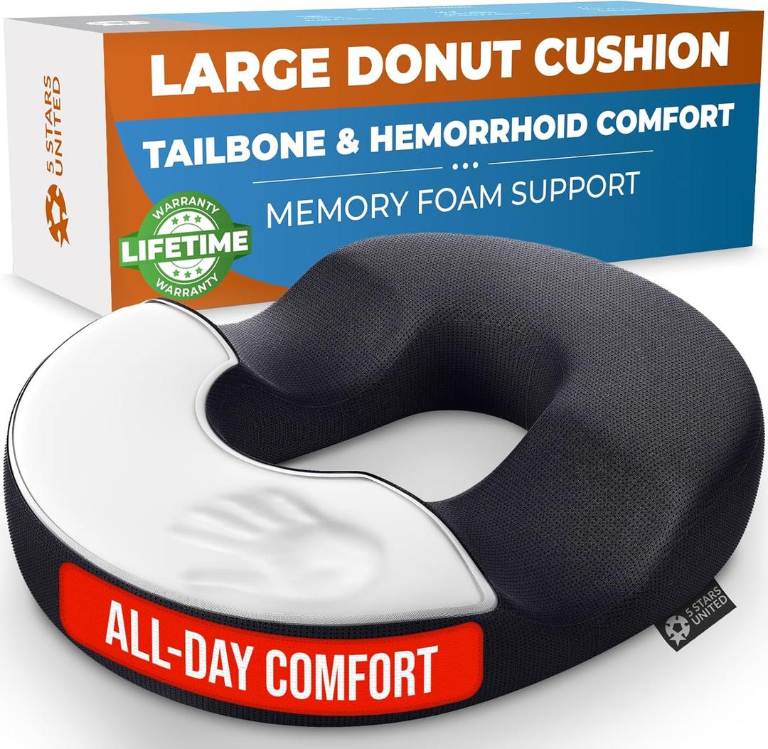 5 STARS UNITED Donut Pillow Hemorrhoid Tailbone Cushion  Large Cushion for Pain Relief  Coccyx, Prostate, Sciatica, Pelvic Floor, Pressure Sores, Pregnancy, Postpartum Recovery, Black 5 STARS UNITED Donut Pillow Hemorrhoid Tailbone Cushion  Large Cushion for Pain Relief  Coccyx, Prostate, Sciatica, Pelvic Floor, Pressure Sores, Pregnancy, Postpartum Recovery, Black