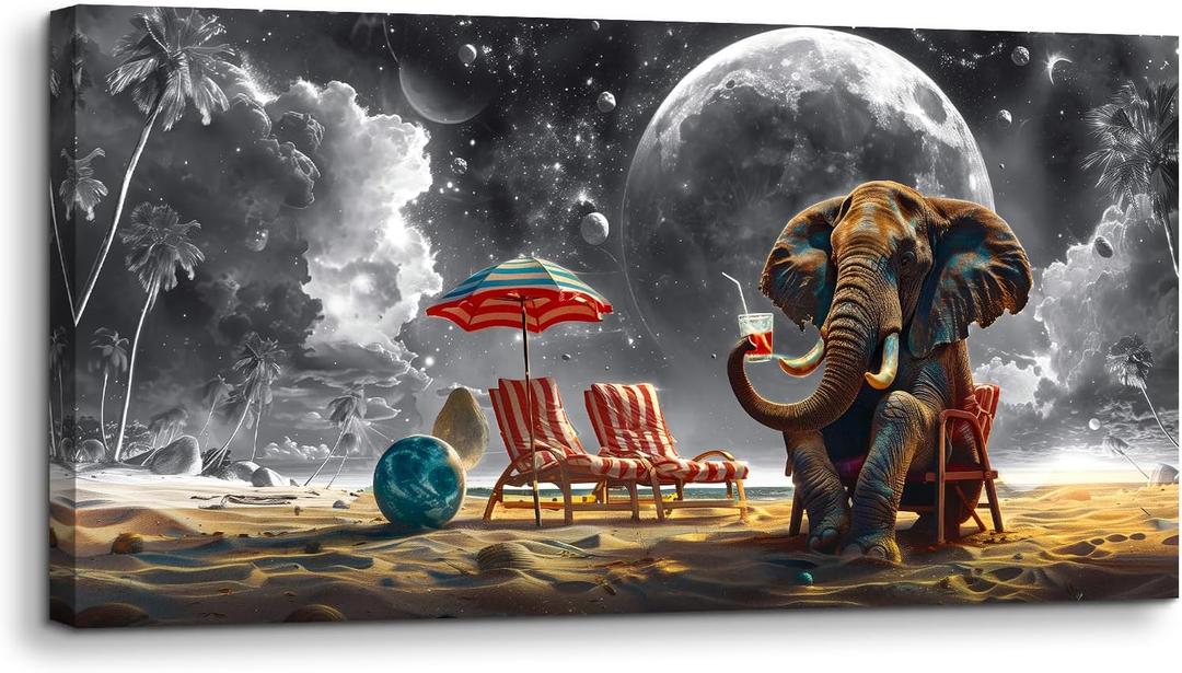 SERIMINO Large Canvas Wall Art, Fantasy Beach Elephant Pictures Wall Decor Living Room, Galaxy Space Abstract Canvas Prints Paintings, Animal Landscape Office Bathroom Decor Paintings 29"X57"