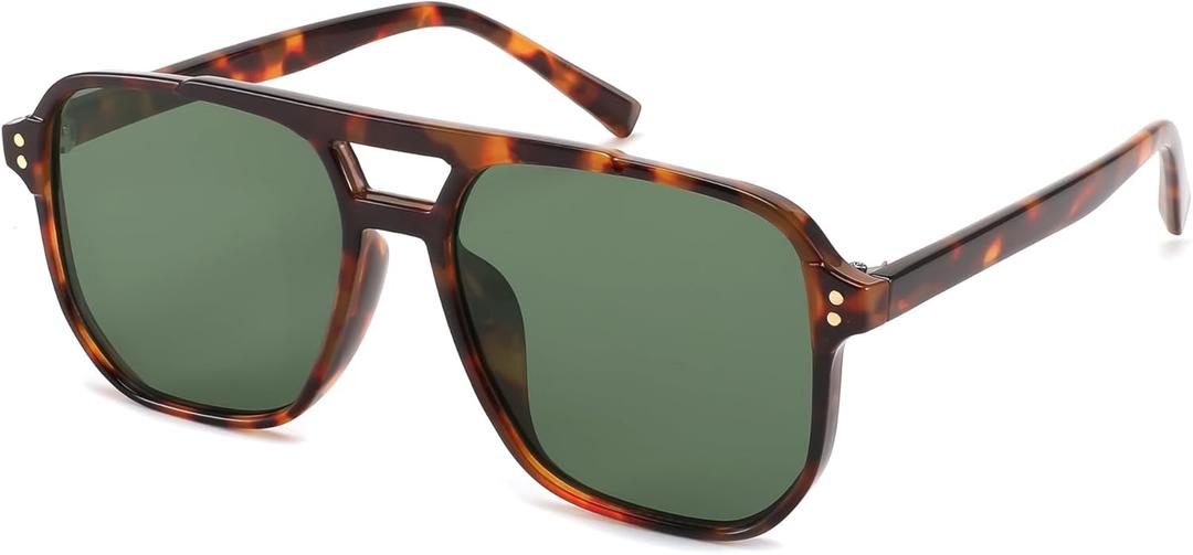 FEISEDY Retro Square Aviator Sunglasses Women Men 70s Vintage Trendy Plastic Frame Sun Glasses B2835 (Tortoise Frame/Dark Green Lens)