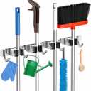 ZONGOOL 4 Racks and 5 Hooks Broom Holder Wall Mount Mop Hanger Wall Mounted Mop and Broom Storage Tool Rack Stainless Steel Garage Organization Garden Kitchen Home Laundry Organizer (Silver)