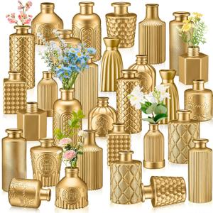 Yaomiao 30 Pcs Vases Bulk Colored Flower Glass Bud Vases Valentine Vintage Colored Glass Bottles Colorful Rustic Embossed for Home Wedding Table Decorations Gifts (Gold Series)