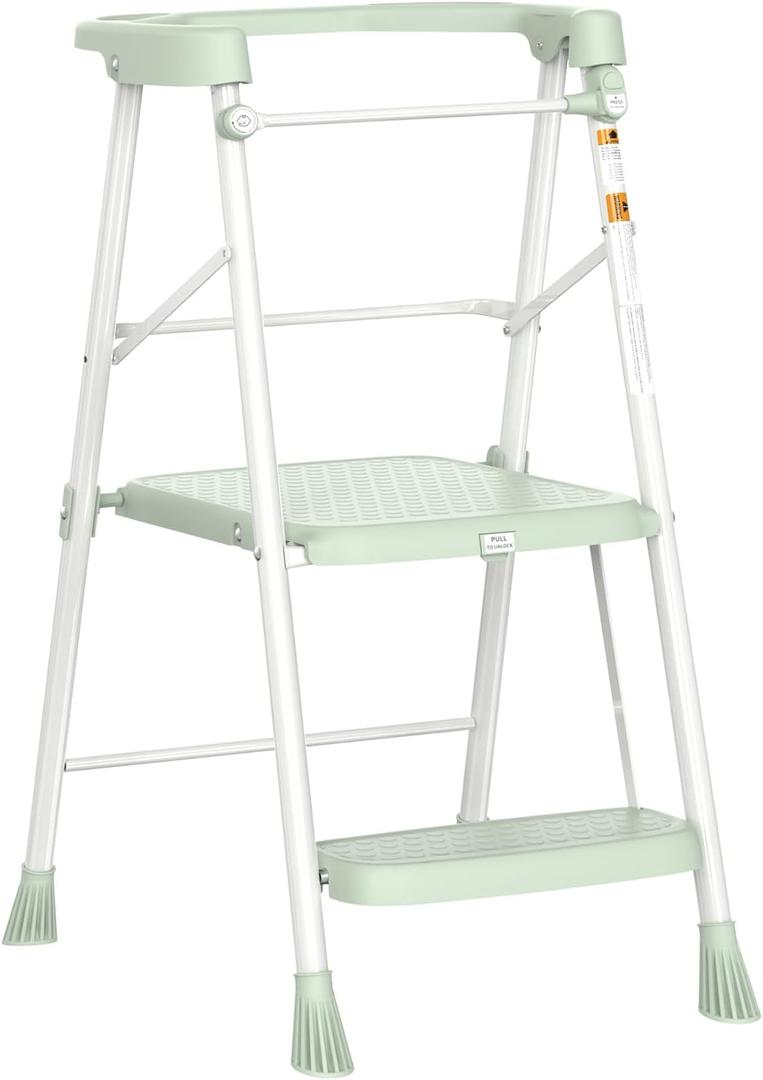 HBTower Kids Step Stool 2 Steps, Toddler Tower for Kitchen Counter Learning, Toddler Kitchen Stool Helper with Anti-Drop Safty Railing Kids Standing Folding Stepper, Green