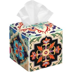 Tissue Box Cover Colorful Boho Ceramic Tile Square PU Leather Tissue Box Holder for Car Bathroom Bedroom Desk Tabletop Decor