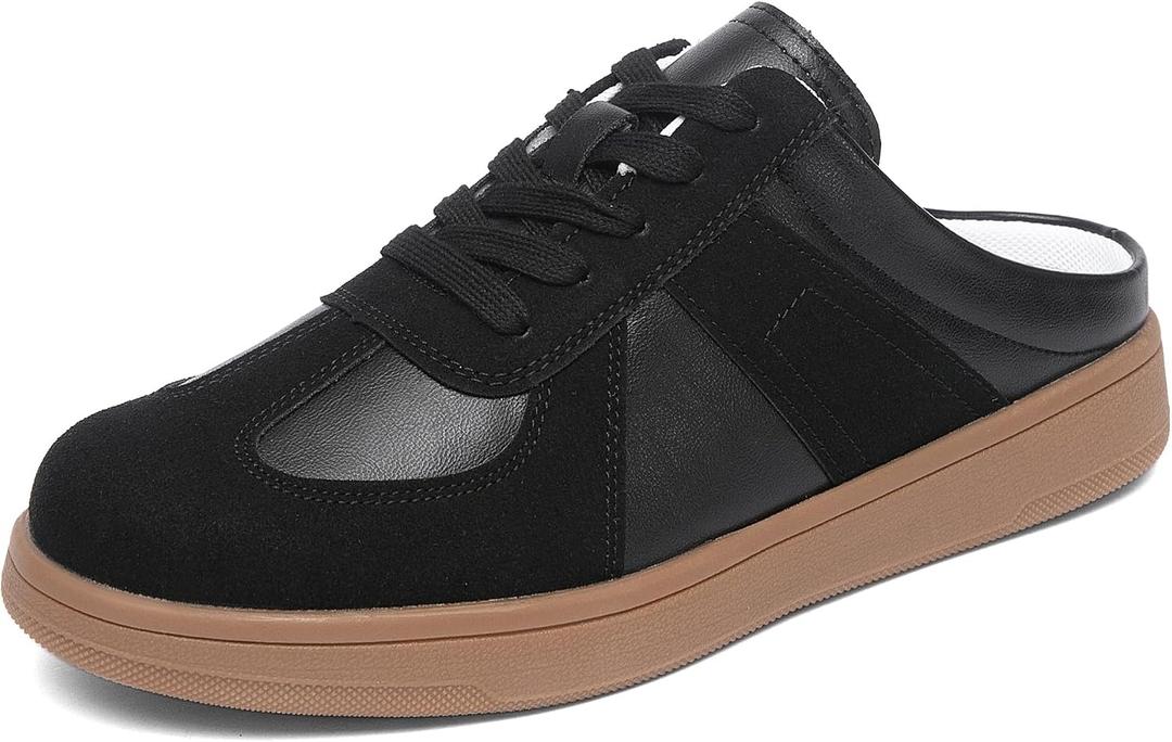 NEWBELLA Women's No Heel Sneakers Mule Shoes Vintage Suede Slip On Casual Low-top Flat Shoes Comfortable Lace Up Closed-Toe Walking Shoes