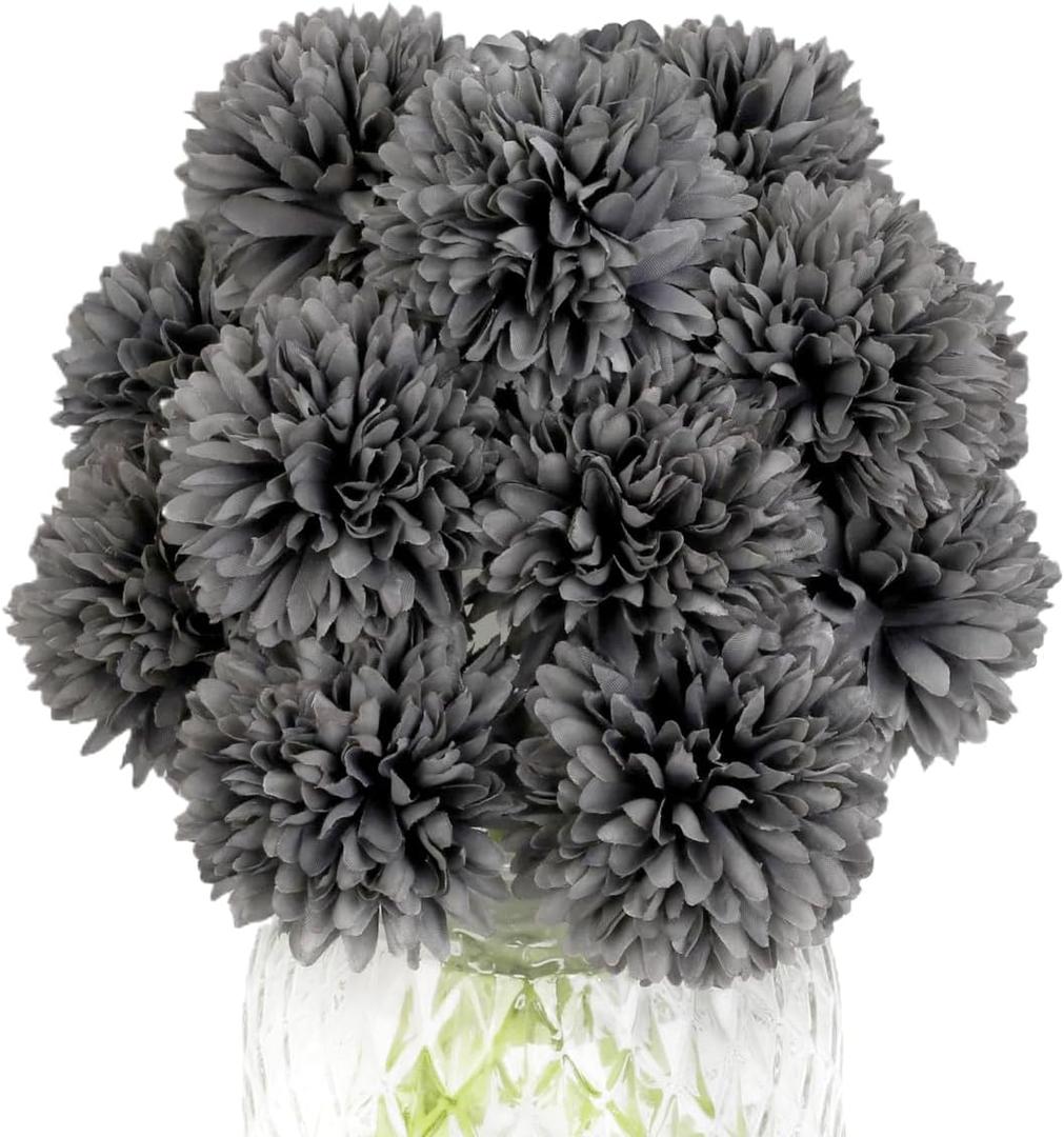 Jim's Cabin Artificial Flowers 10 Pcs Fake Silk Artificial Chrysanthemum Ball Hydrangea Bridal Wedding Bouquet for Kitchen Home Decor (Grey)