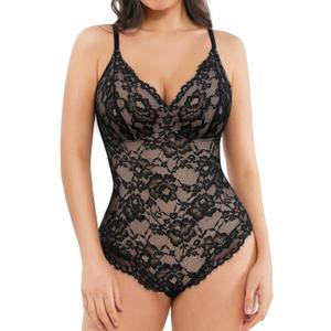 Popilush Shapewear Bodysuit V Neck Tummy Control Backless Lace Tank Tops Sleeveless Thong Bodysuit (M (4-6), Black)