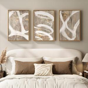 Framed Neutral Abstract Wall Art for Bedroom, 3 Piece Modern Canvas Prints Paintings Artwork for Walls, Minimalist Beige White Taupe Pictures for Living Room Dining Hallway Office Wall Decor 16x24 In, 16" W x 24" H x 3Pcs