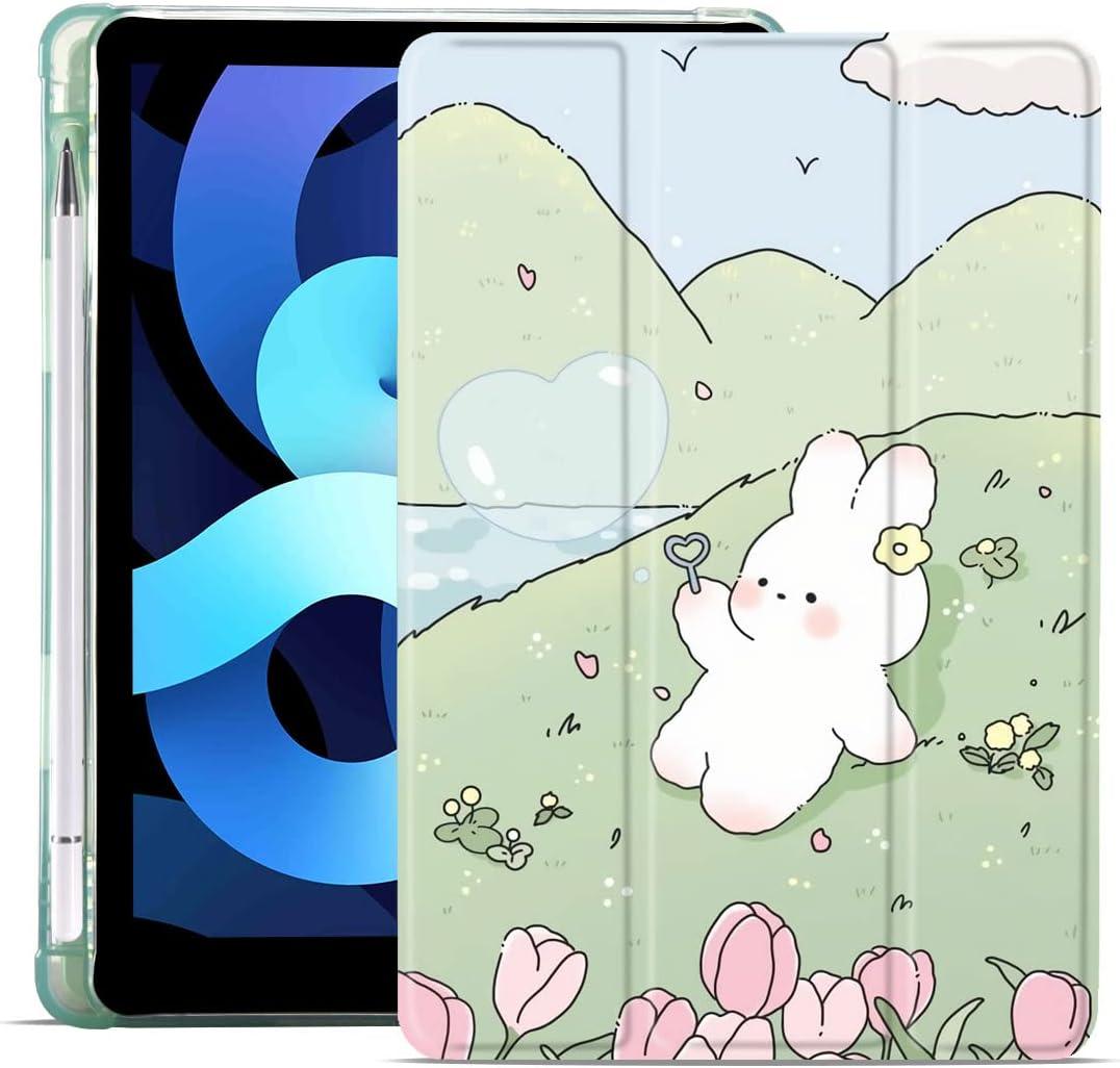 MAYCARI Cartoon Rabbit Flower Case for iPad 10.2 inch 2021/2020/2019 with Pencil Holder, Cute Animal iPad 9th/8th/7th Generation Protective Case with Soft TPU Green, Auto Sleep/Wake Cover Slim Shell