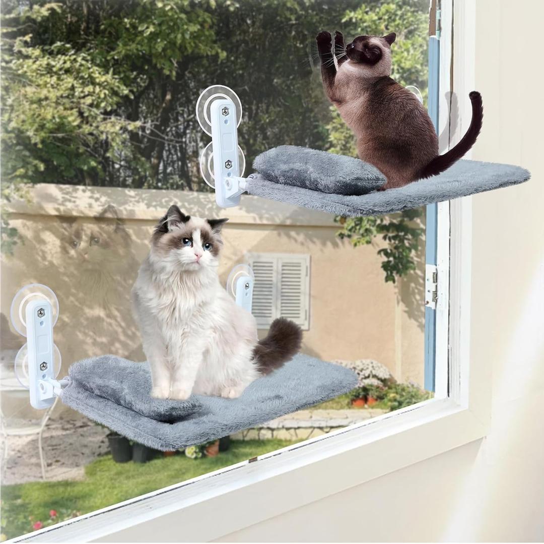 2-Pack Cat Window Perch for Cats Inside Cordless, Sturdy Foldable Cat Hammock Bed for Window with Pillow, Pet Window Seat with Metal Frame and Reversible Cover, Pet Perch Bed Shelf for Cats Inside(L) (Large(11.8'' * 23.6'')