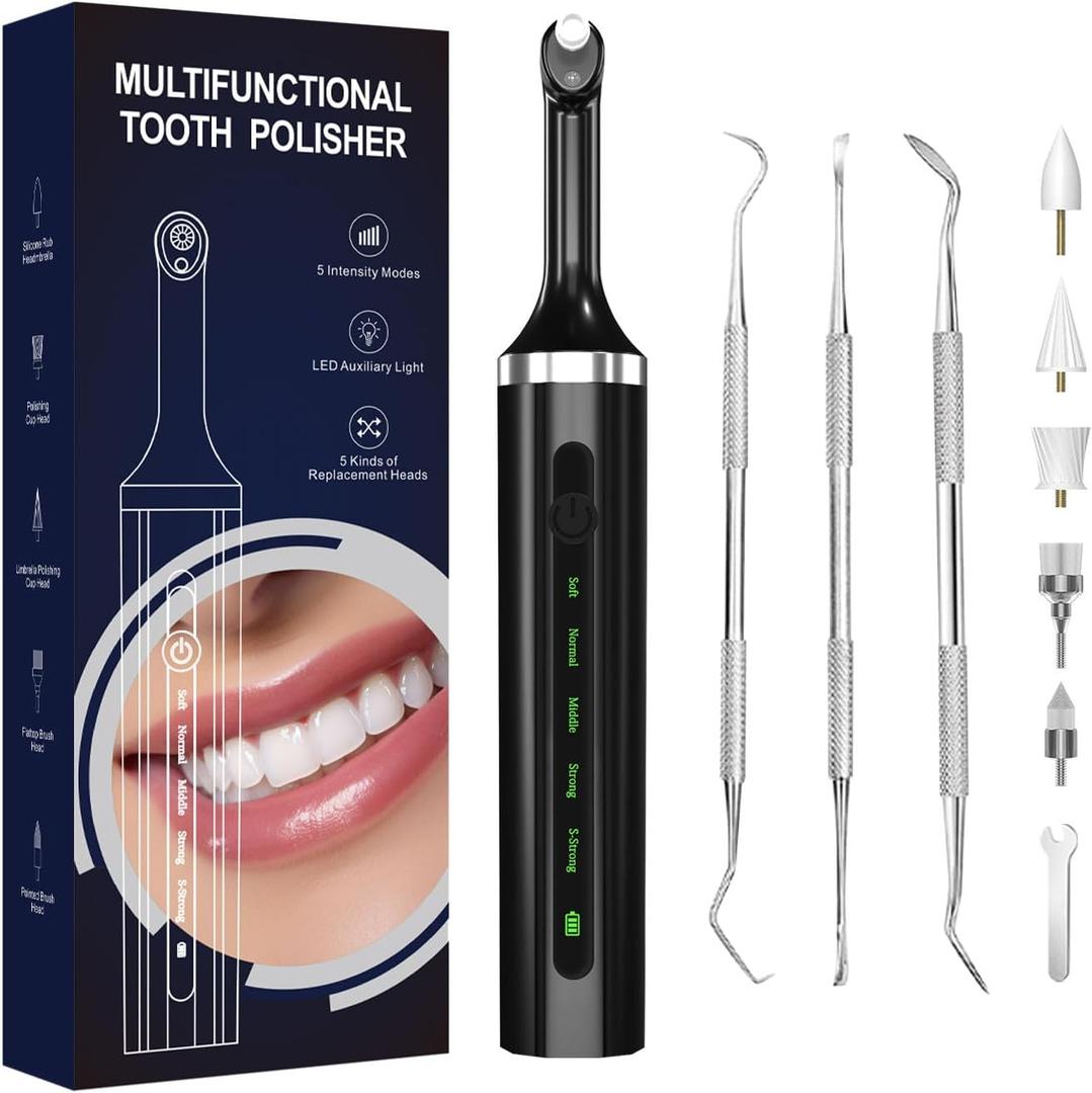 Plaque for Teeth Whitening Tools Electric Tartar Polishing Cleaning Kit with LED Light 5 Speed Modes with 5 Replacement Brush Heads (Black)