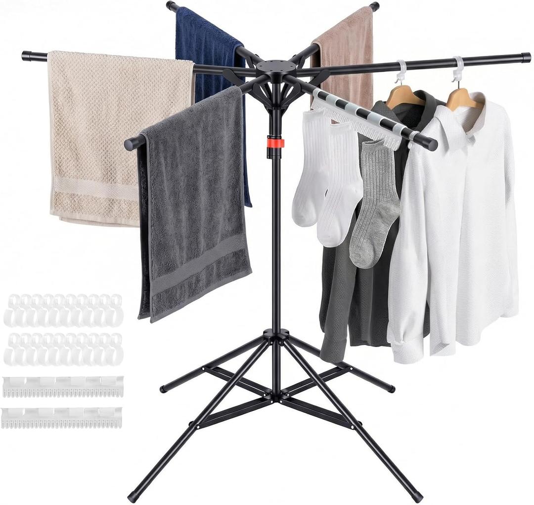 4-Leg Clothes Drying Rack with 6 Adjustable Poles, 20 Windproof Hooks and 2 Sock Clips Foldable Laundry Drying Rack, Space-Saving Indoor/Outdoor Clothes No-Installation Drying Stand, Black