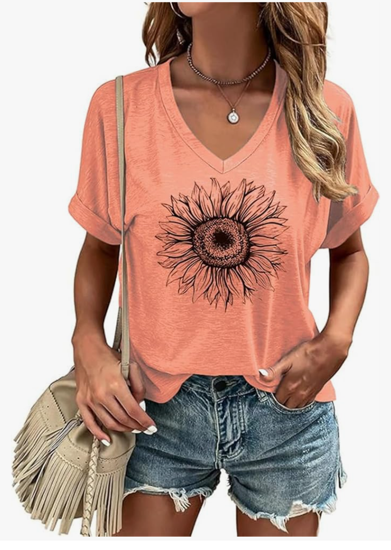 Womens Flowers V Neck Shirt Vintage Boho Floral Wildflowers Graphic Tees Casual Cottagecore Short Sleeve T Shirts, Size S