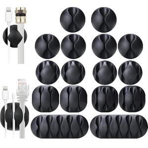 Black Adhesive Cord Organizers Cable Clips for Desk, Wall, and Car with Strong Sticky Backing for USB, Charger & Computer Wires (16-Pack)