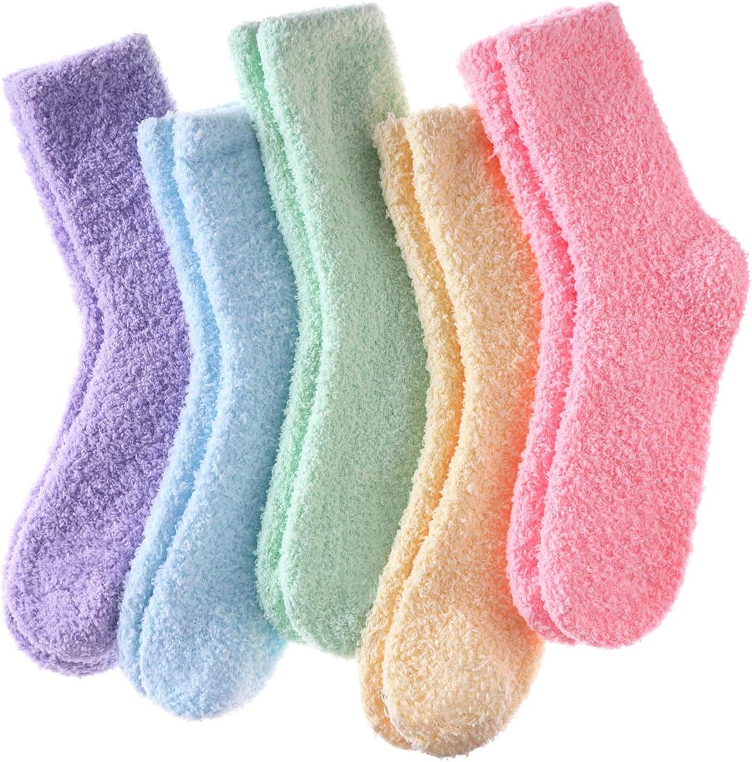 LINEMIN Womens Fuzzy Socks Cozy Fluffy Winter Warm Slipper Socks Microfiber Soft Home Sleeping Socks (One Size, 5 Pack Soild Color B)