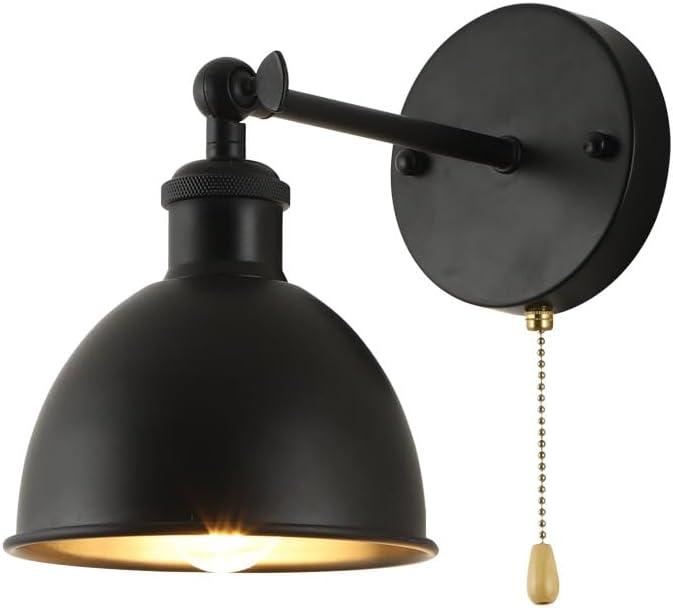 Vintage Black Wall Sconce Light, 1-Light Switch Farmhouse Wall Lamp, Industrial Pull Chain Wall Light Fixture for Living Room Bedroom Bathroom Kitchen Hallway Doorway (Shade-15cm)