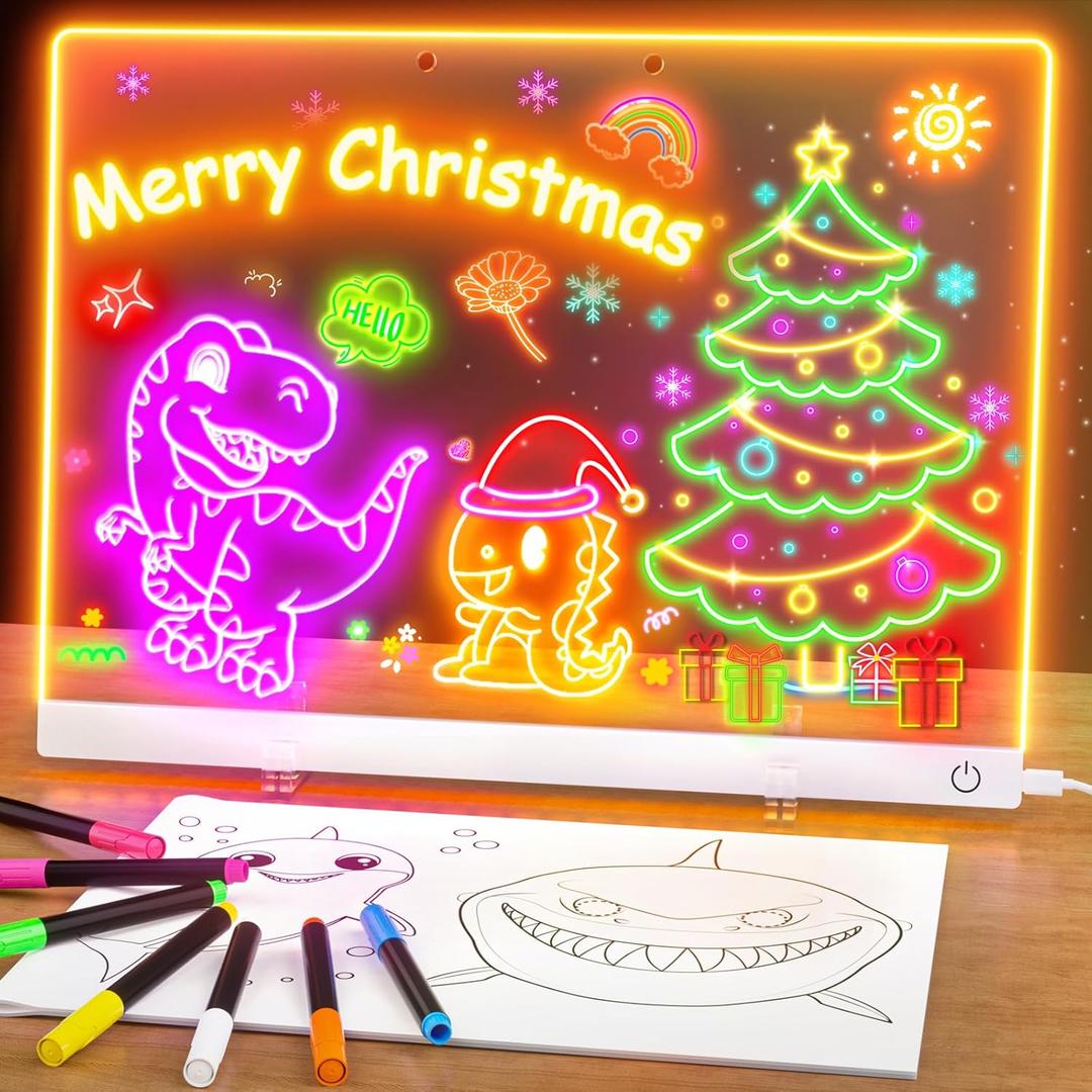 Acrylic Dry Erase Board with Light, 13.7"X10" 6-Color Neon Glow Memo LED Light-Up Message Note Lumiboard with Stand as Night Light for Room/Store/Office/Festival/Gift, Touch Control, 7 Markers (White)