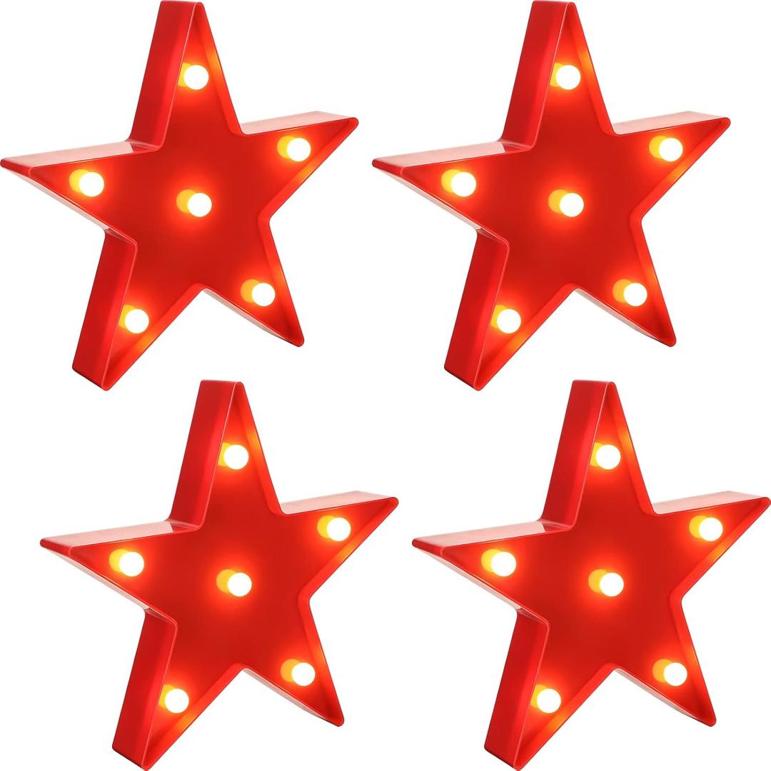 Jutom 4 Pieces Star Night Lights LED Plastic Star Shaped Sign Lighted Marquee Desk Lamp for Gift Red