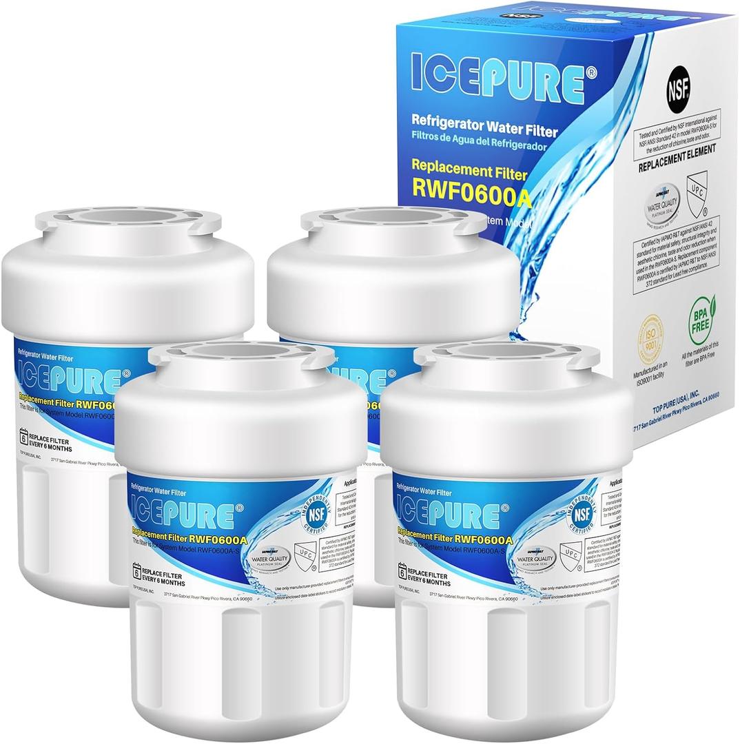 ICEPURE RWF0600A Replacement for GE MWF, MWFP, 197D6321P006, WFC1201, MWFA, PC75009, HDX FMG-1, GSE25GSHECSS, 46-9996, GSH25JSDDSS, PSHS6PGZBESS, GWF, SGF-G9, RWF1060 Refrigerator Water Filter 4PACK