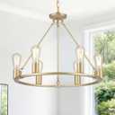 6-Lights Gold Chandelier | Dia 24'' Farmhouse Wagon Wheel Chandelier | Rustic Hanging Dining Room Light Fixture | Apply to Living Room | Kitchen Island | Entryway | Foyer, D24'' 6-Light