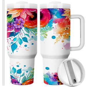 40oz Travel Mug Tumbler for Mom,Christmas, Birthday, and Mother's Day Gift from Daughter Son, Double Wall Vacuum Insulated with Handle,Colorful Floral Design (Pack of 1)