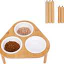 Raised Cat Feeder with Stand, Elevated Bamboo Stand with 3 Ceramic Bowls, Anti Slip and Removable Feet