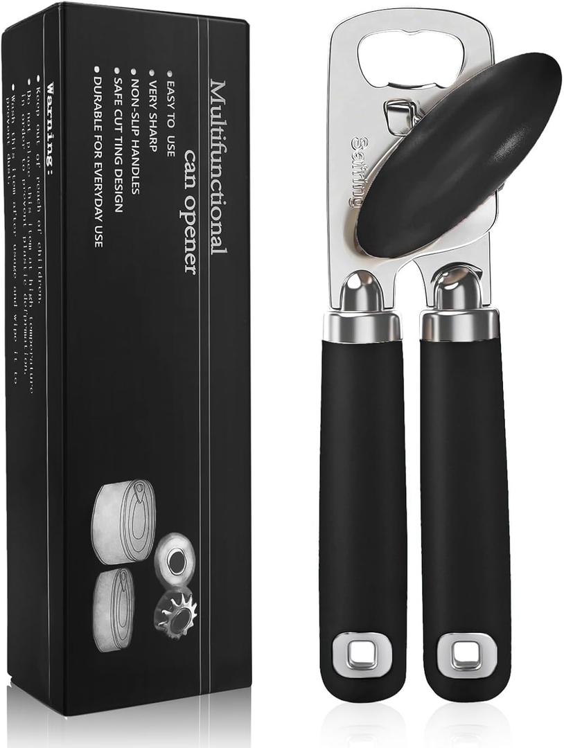 Can Opener Manual, Heavy Duty Stainless Steel Smooth Edge Can Openers With Soft Touch Handle, Oversized Handheld Easy Turn Knob, Multi-Function Bottle Opener, Black