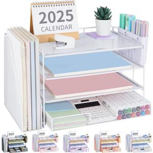 Desk Organizer and Accessories, 4-Tier Desktop File Organizer with Drawer and 2 Pen Holders, Office Desk Accessories, File Sorters, Workspace Organizers for Office Supplies(White)
