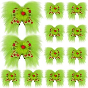 12 Pcs Red Green Christmas Bows Christmas Tree Decoration Lime Green Wreaths Velvet Bow Tree Topper with Fluffy Ornaments for Xmas Party (Cute)