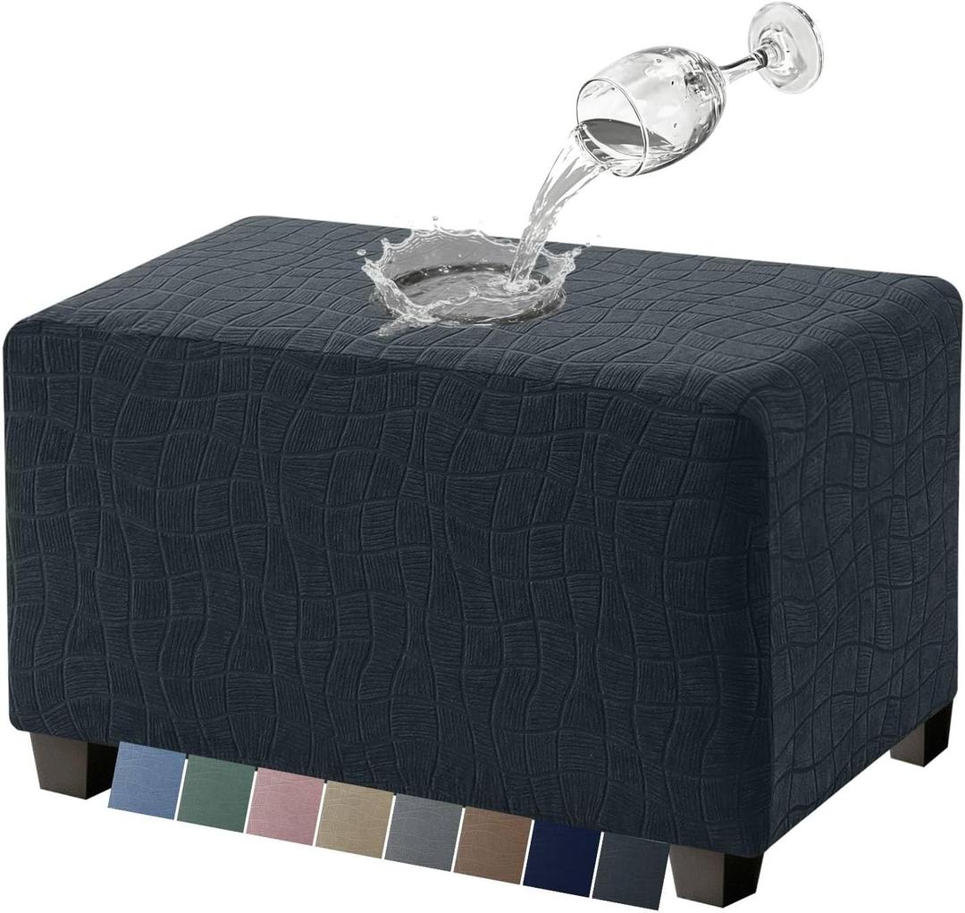 MAXIJIN Waterproof Ottoman Cover Rectangle Stretch Ottoman Slipcovers Square Thick Stool Covers Storage Footrest Furniture Protector with Non-Slip Elastic Bottom (Small, Dark Gray)