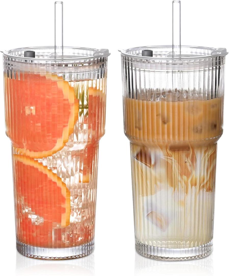 20oz Ribbed Glass Cups with Lids and Straws,2PCS Glass Tumbler with Straw and Lid,Iced Coffee Cups Drinking Glasses for Juice Whiskey Cocktail Beer