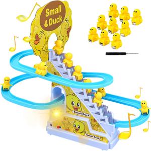 Small Ducks Climbing Toys,Electric Little Duck Climbing Stairs Toy,Roller Coaster Toy Set with LED Flashing Lights & Music,Duck Track Slide Toy Gift for Toddlers Kids Age 3