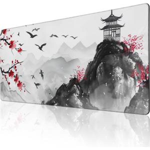 3XL Extended Gaming Mouse Pad -Watercolor Cherry Blossom 24x48 Inch Mouse Mats Desk Pad,Large Desk Mat,Extended Keyboard Mousepad with Non-Slip Base and Stitched Edge for Home Office (White Gray)