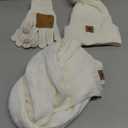 LOROME Women Winter Beanie Hat Scarf Gloves Set, Fleece Knitted Pompom Hat Warm Neck Scarf Touchscreen Gloves Winter Gift (Beige)