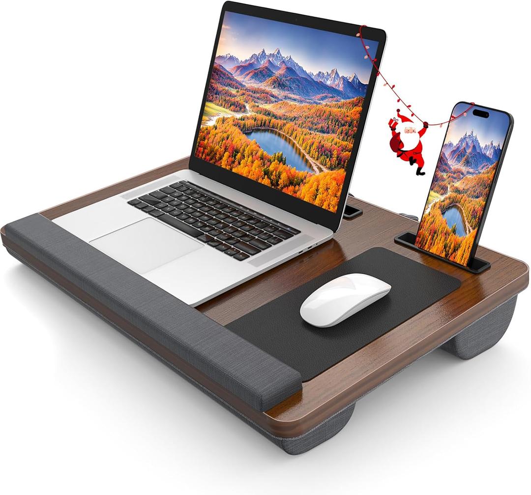 Laptop Lap Desk, Portable Large Laptop Desk for Bed, Up to 17 in Lap Table with Wrist Rest, Mouse Pad, Tablet Phone Slot, Portable Handle, Lap Tray with Cushion (Dark Brown) (Large 21.6513.4in)