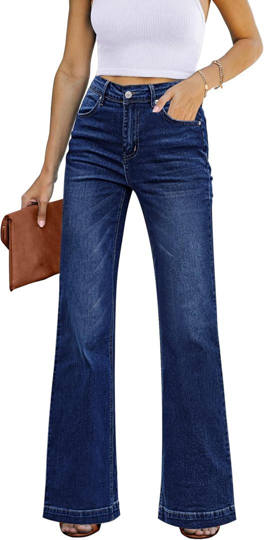 GRAPENT Womens Plus Size Stretch High Waisted Flare Ripped Jeans, 70s Outfits, Jeans Size 12, Wide Leg Pants Color Deep Blue, Size 14
