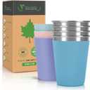 Stainless Steel Cups for Kids and Toddlers, 12oz Stackable Stainless Steel Kids Cups with Silicone Sleeves Sweat Proof, Unbreakable Metal Cups for Home & Outdoor Activities, BPA Free (4 Pack) (Blue, Green, Pink, Purple)