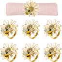 Kesote Daisy Sunflower Napkin Rings Set of 6, Gold Bee Napkin Ring Holders for Formal or Casual Dinning Table Decor (Cream)