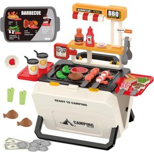 Kids Fun Toys Portable BBQ Grill Play Set for Toddlers Ages 3-8 - Realistic Outdoor Pretend Cooking Toy with 51PCS, Camping Kitchen Pretend Play for Boys Girls