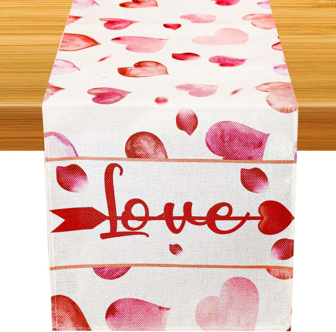 Valentine's Day Table Runner, 13x72 Inch Red and Pink Hearts Pattern Valentine Tablecloth Seasonal Table Cover for Anniversary Party Home Kitchen Decoration