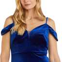 NIGHTWAY Women's Off The Shoulder Stretch Velvet Evening Gown W/Plunging V-Neck, High Slit & V-Back (Blue, M)