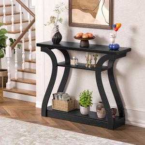 Wooden Console Table with Curved Legs and Shelf, 3-Tier Modern Accent Narrow Sofa Table for Entrance Area, Living Room, Hallway, 47 in Wide Wood Console Table for Entryway (Black)
