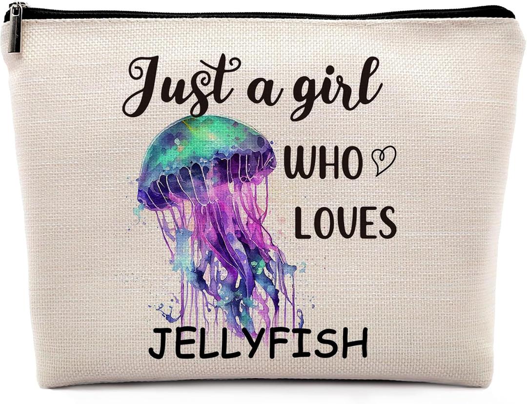 Just a Girl Who Loves Jellyfish Cosmetic Bag, Colourful Jellyfish Themed Makeup Bag Zipper Cosmetic Pouch Bag Travel Linen Makeup Organizer, Ocean Animal Gifts for Women Girls Teens Her