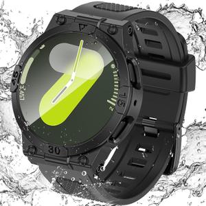 Goton 3 in 1 Waterproof Case and Band for Samsung Galaxy Watch 7 44mm, 360 Protective Hard PC with Tempered Glass Screen Protector for Galaxy Watch Cover Bumper Accessories, Black