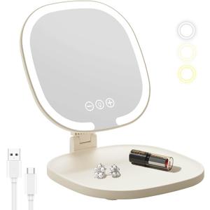 Rechargeable LED Travel Makeup Mirror, 3-Color Lighting, Dimmable Touch Screen, Multi Angle Adjustable, Foldable and Portable Desktop Vanity Mirror with Storage Tray (Creamy)